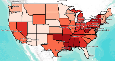 Heart Disease DathRate per 100,000 in the USA CDC 2007-2009 data